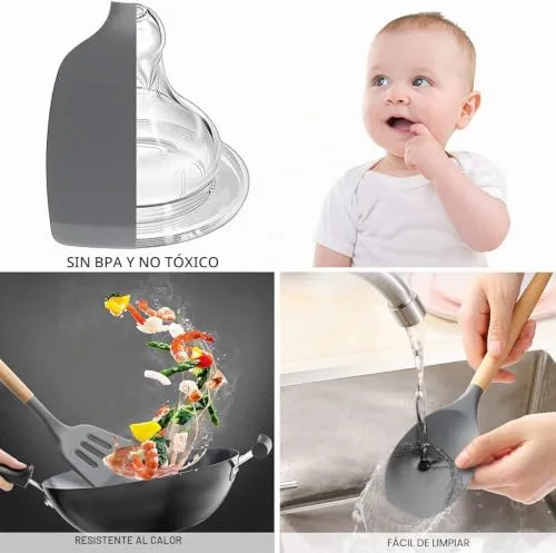 DLD ▫️ 34 conjuntos de utensílios de cozinha resistentes ao calor com silicone, com cabos de cozinha e pastelaria em aço inoxidável, espátula em forma de formiga 4