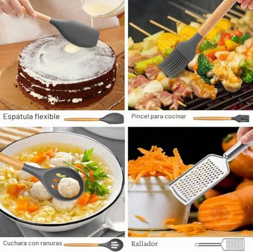 DLD ▫️ 34 conjuntos de utensílios de cozinha resistentes ao calor com silicone, com cabos de cozinha e pastelaria em aço inoxidável, espátula em forma de formiga 5