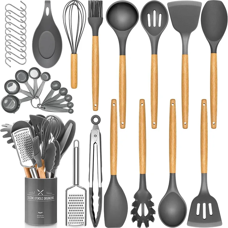 DLD ▫️ 34 conjuntos de utensílios de cozinha resistentes ao calor com silicone, com cabos de cozinha e pastelaria em aço inoxidável, espátula em forma de formiga