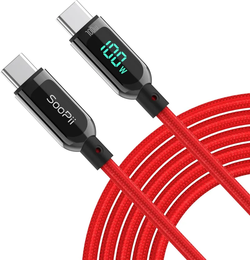SOOPII ▫️ Cabo USB-C de carregamento rápido em nylon trançado, cabo USB tipo C com ecrã LED para iPhone 15/15 Pro/15 Plus/15 Pro Max, iPad Air, MacBook Pro, Galaxy S23/S22 (2 m, vermelho)