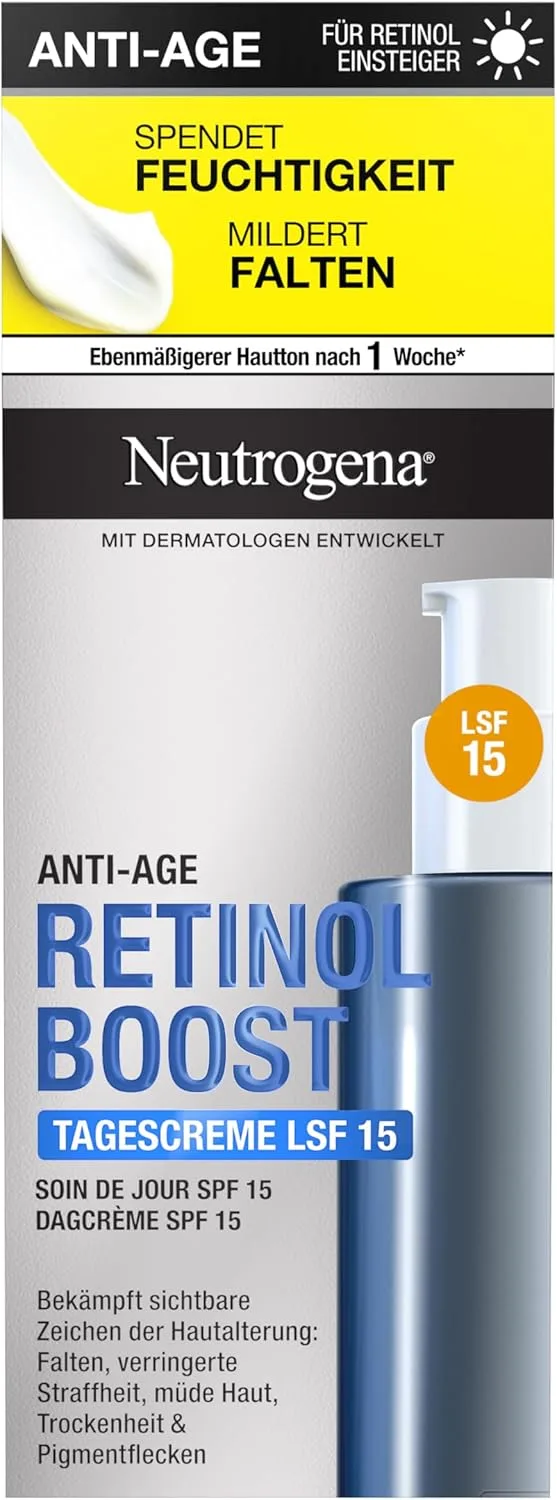 Neutrogena ▫️ Retinol Boost Facial Day Cream SPF 15 (50 ml), hidratante protetor com extrato de folha de murta e ácido hialurónico, eficaz para uma pele saudável e jovem.