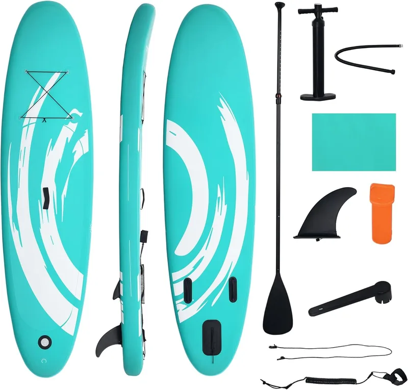 Outsunny ▫️ Inflatable Stand Up Paddle Surf Board Prancha de Stand Up Paddling Inflatável com Barbatanas de Remo Ajustáveis Bomba de Cobertura Antiderrapante e Bolsa de Transporte