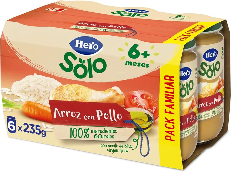 Solo ▫️ Hero Potinhos de Arroz com Frango, Embalagem de 6 x 235 g, +6 meses
