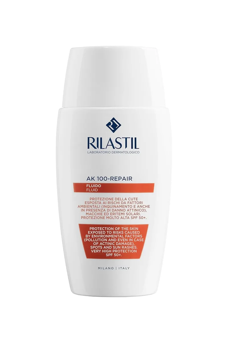 Rilastil - Sun System AK-Repair 100, Protetor solar facial com fotoprotecção muito elevada, hidrata e protege, resistente à água, indicado para peles com tendência para eritema e manchas - 50 ml