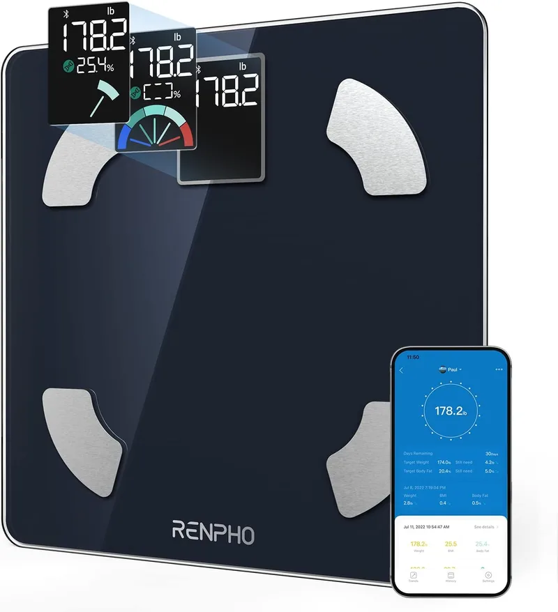 RENPHO ▫️ Balança de Casa de Banho Digital com Ecrã VA Grande, Balança de Gordura Corporal Inteligente com Bluetooth e Aplicação, Balança Eletrónica Analógica com 13 Funções de Análise, Elis 1