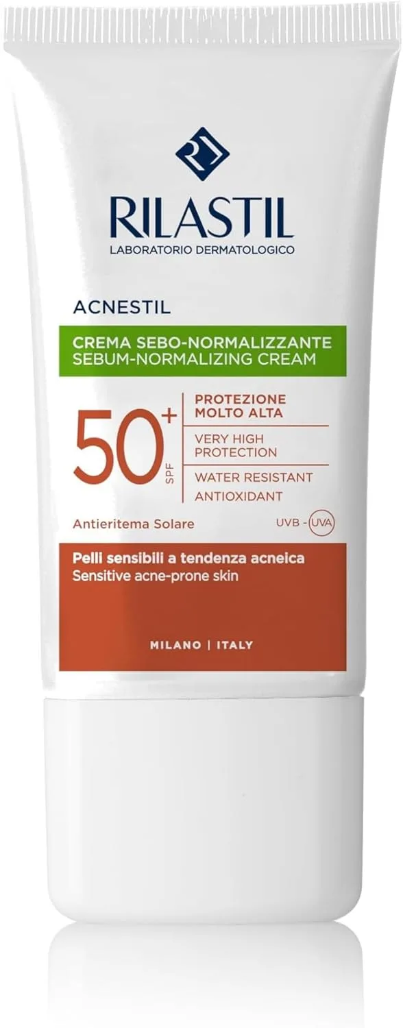 Rilastil ▫️ Acnestil Sun System SPF50+, protetor solar seborregulador e matificante, com niacinamida e azeloglicina, para peles oleosas e com tendência acneica - 40 ml