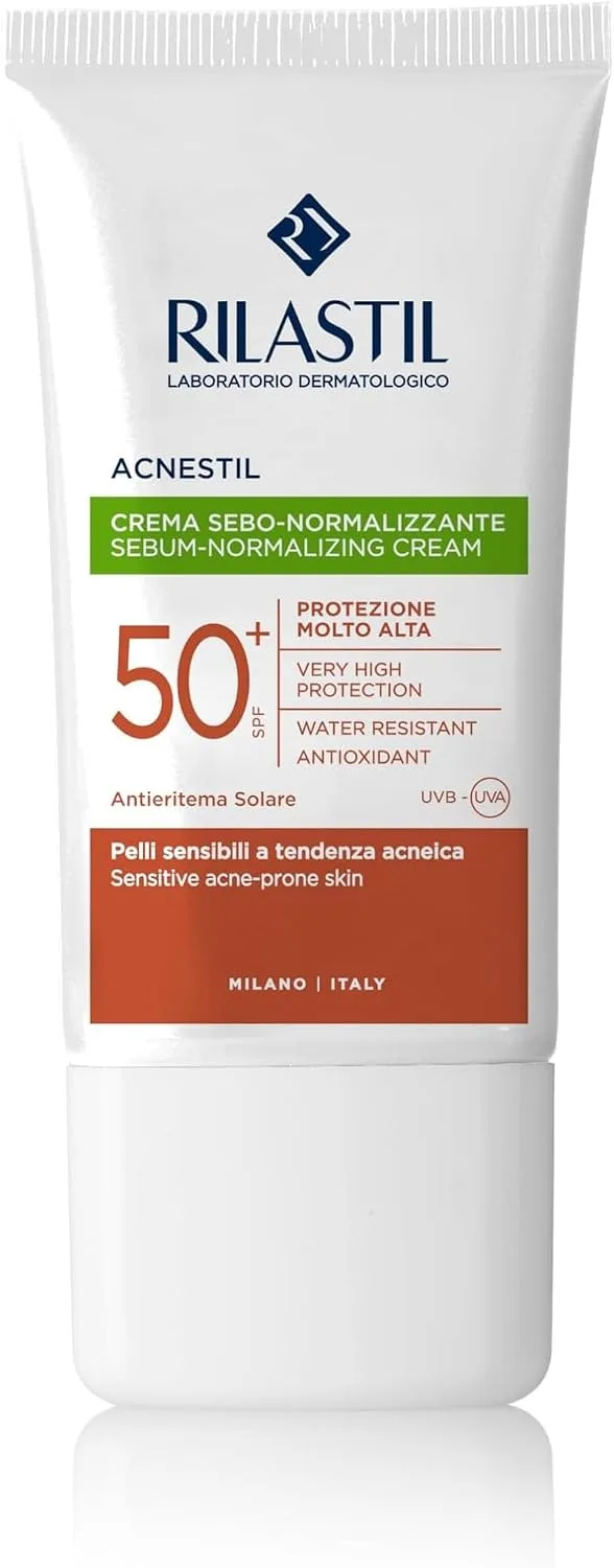 Rilastil ▫️ Acnestil, Protetor Solar Facial SPF50+ Matificante, 40 ml | Niacinamida, Azeloglicina, SPF50+, Seborregulador, Matificante, Pele Oleosa e Acneica, Facial, Uso Diário, Conforto