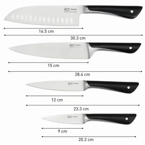 Tefal ▫️ Jamie Oliver - Conjunto de 4 facas: Santoku 16,5 cm, Chef 15 cm, Universal 12 cm e descascador 9 cm, aço inoxidável, endurecidas com gelo a -120 °C, corte preciso, cabo robusto, design resistente 2