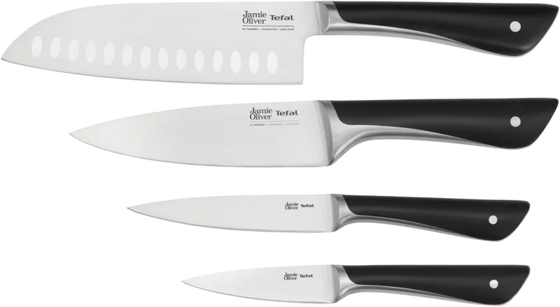 Tefal ▫️ Jamie Oliver - Conjunto de 4 facas: Santoku 16,5 cm, Chef 15 cm, Universal 12 cm e descascador 9 cm, aço inoxidável, endurecidas com gelo a -120 °C, corte preciso, cabo robusto, design resistente