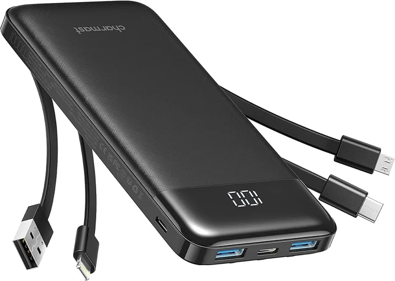 charmast ▫️ Power Bank 10000mAh com cabos incorporados, carregador portátil USB C 5V / 3A Powerbank com ecrã LED e 6 saídas e 3 entradas para iPhone Samsung Huawei Xiaomi
