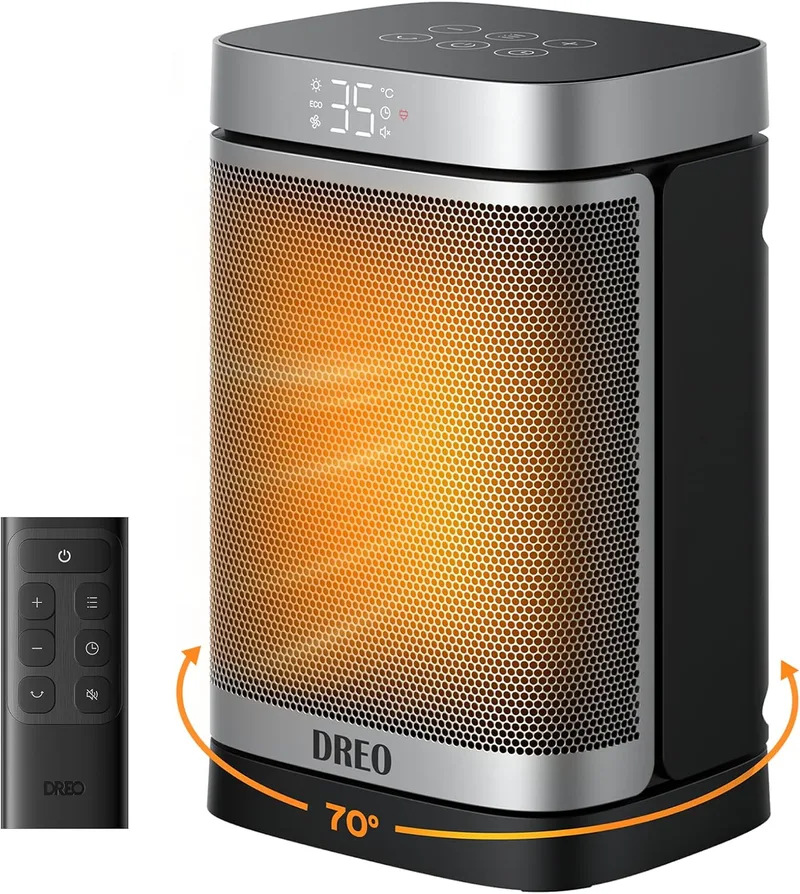 DREO ▫️ Aquecedor Atom One, 3 modos, 3 velocidades, oscilação de 70°, aquecedor cerâmico PTC com termóstato, temporizador de 1 a 12 horas, comando à distância, modo ECO – poupança de energia