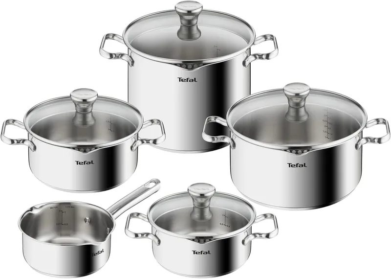 Tefal ▫️ Duetto On - Conjunto de 5 peças + 3 acessórios, aço inoxidável | Panela de 16 cm + 3 panelas de 18/20/24 cm + panela alta de 22 cm + 4 tampas, marcas de medição, Thermo-Fusion, adequado para indução, Pega ergonómica