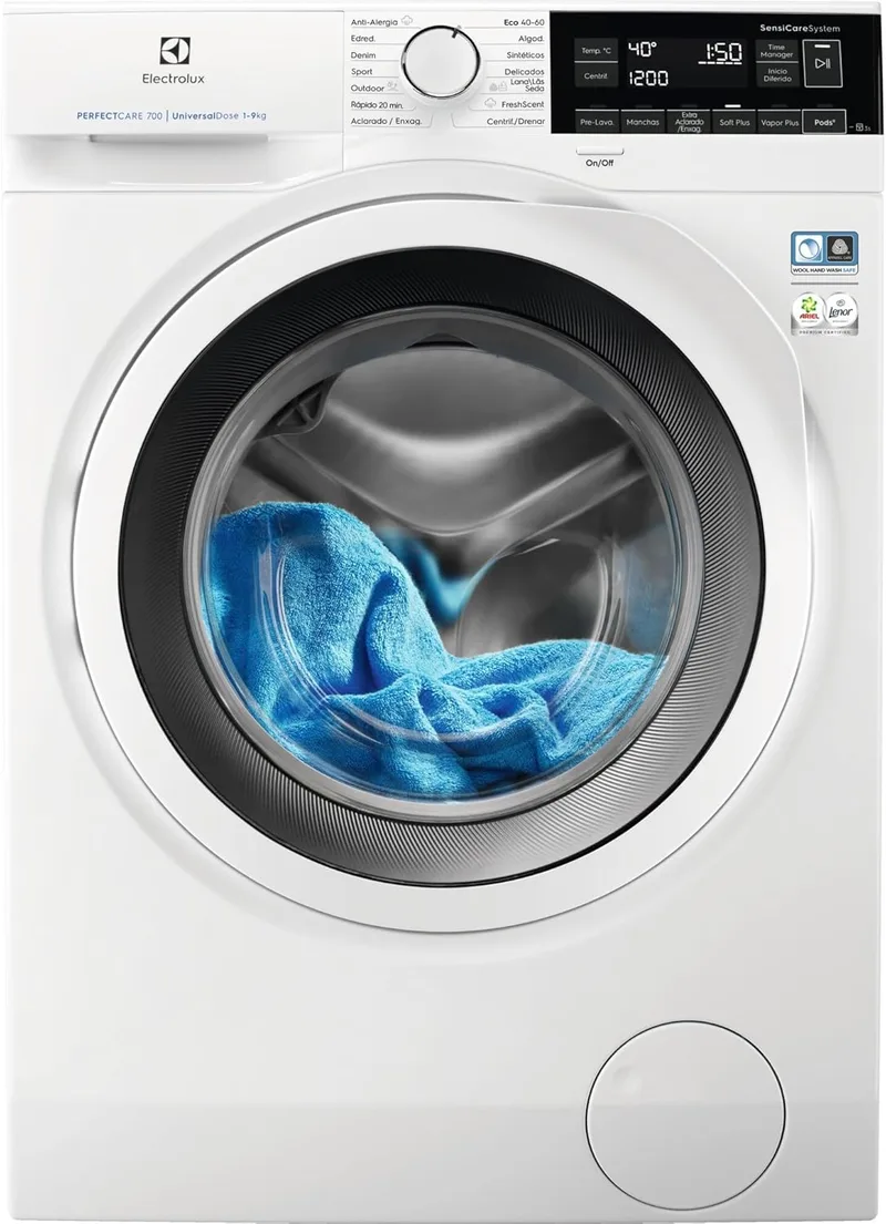 Electrolux ▫️ EW7F3944LV Máquina de lavar roupa de instalação livre, carregamento frontal, 9 kg / 1400 rpm, início programável, compartimento para cápsulas, programa de vapor antialérgico, programa rápido, painel de controlo LCD, branco, Classe A