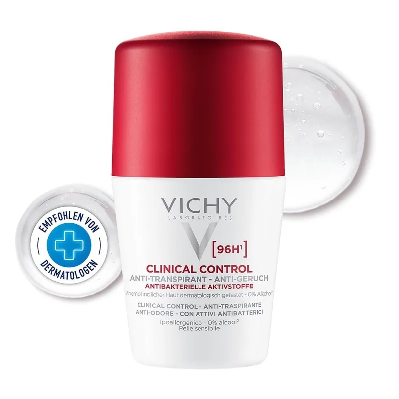 VICHY ▫️ Desodorizante em formato roll-on para mulher, antitranspirante, proteção eficaz com até 96 horas de duração, toque seco, Clinical Control, 50 ml (embalagem de 2)