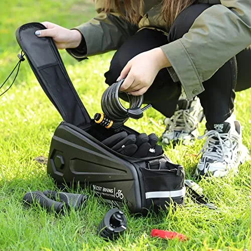 West Biking ▫️ Saco para porta-bagagens de bicicleta, 8,6 L, com fecho duplo resistente à água, alforje traseiro impermeável, saco de carga com correia e capa de chuva, para ciclismo 3