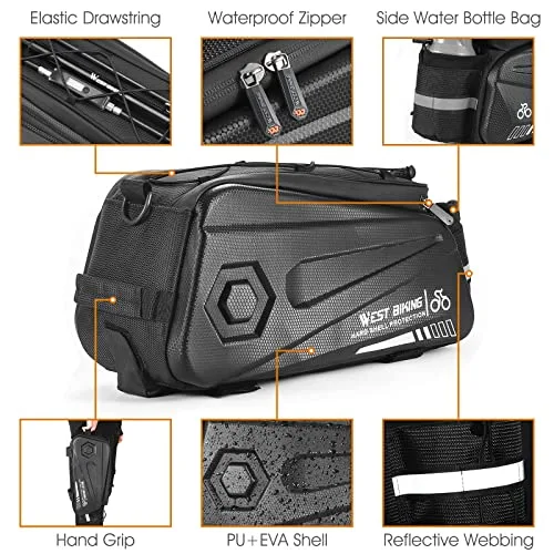 West Biking ▫️ Saco para porta-bagagens de bicicleta, 8,6 L, com fecho duplo resistente à água, alforje traseiro impermeável, saco de carga com correia e capa de chuva, para ciclismo 4