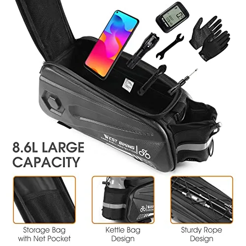 West Biking ▫️ Saco para porta-bagagens de bicicleta, 8,6 L, com fecho duplo resistente à água, alforje traseiro impermeável, saco de carga com correia e capa de chuva, para ciclismo 6