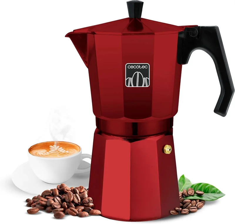 Cecotec ▫️ Cafeteira Italiana Mokclassic 600 Vermelha. Cafeteira em alumínio, adequada para qualquer cozinha, com capacidade para 6 chávenas de café, junta de silicone, pega ergonómica e resistente ao calor, filtro e válvula em aço inoxidável