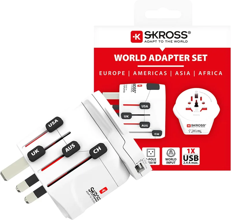 Skross ▫️ 1.302539 - World Pro 2 em 1 - Adaptador universal de viagem para todo o mundo - Tensão e potência: 100 V-700 W / 250 V-1750 W - Tomada USB 2,4 A - Proteção contra picos de tensão