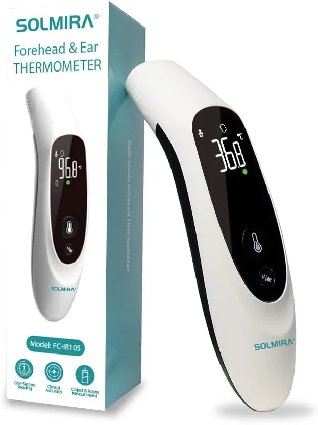 SOLMIRA ▫️ Termómetro de infravermelhos FC-IR105, sem contacto, medição em 1 segundo, precisão de ±0,2 °C, modo frente/ouvido/objetos, memória para 35 leituras, pilhas e bolsa incluídas, branco