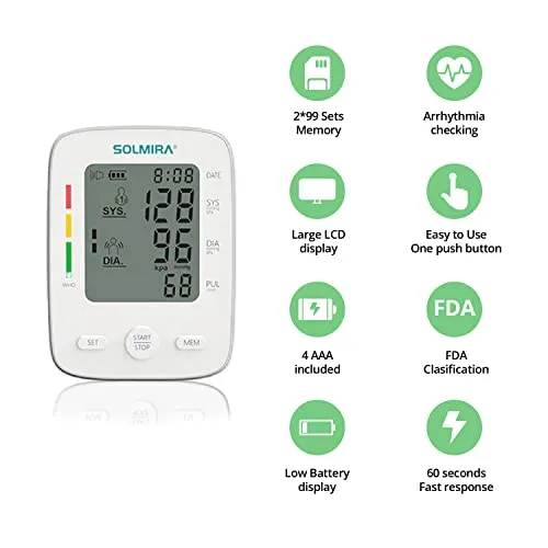 SOLMIRA ▫️ Tensiómetro digital de braço CK-A139, automático, 2 utilizadores x 90 medições, indicador da OMS, ecrã grande, braçadeira ajustável de 22 a 32 cm, alimentação por USB tipo C ou pilhas, branco 5