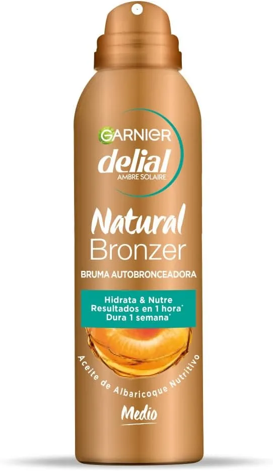 Garnier ▫️ Delial Natural Bronzer Bruma Autobronzeadora para o Corpo com [Vitamina E + Óleo de Alperce]. Tom médio. Resultados em uma hora e duração de uma semana. Secagem rápida. 150 ml
