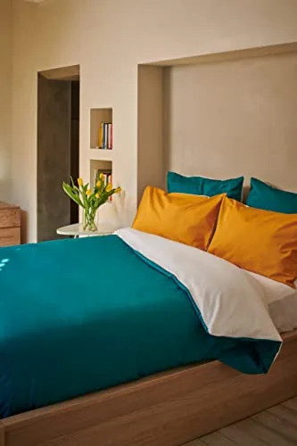 osama home ▫️ OSAMA Pantone™ – Conjunto de capa de edredão para cama de casal, 255 x 200 cm, 100% algodão percal de 200 fios – 2 lugares, dupla face, azul claro/branco 3