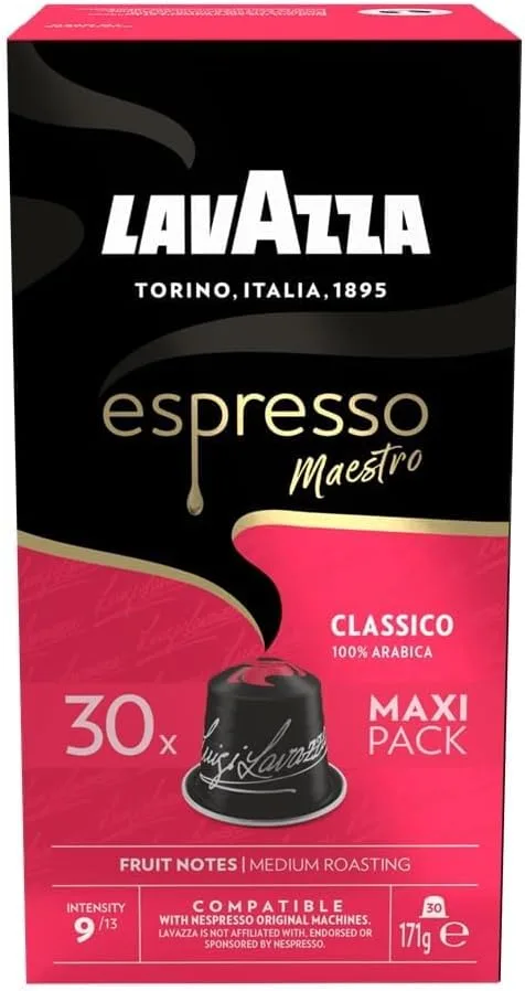 Lavazza ▫️ Espresso Maestro Classico, 30 cápsulas de café compatíveis com as máquinas Nespresso* Original, com notas aromáticas de cereais e bolachas, 100% Arábica, intensidade 9, torra média-escura