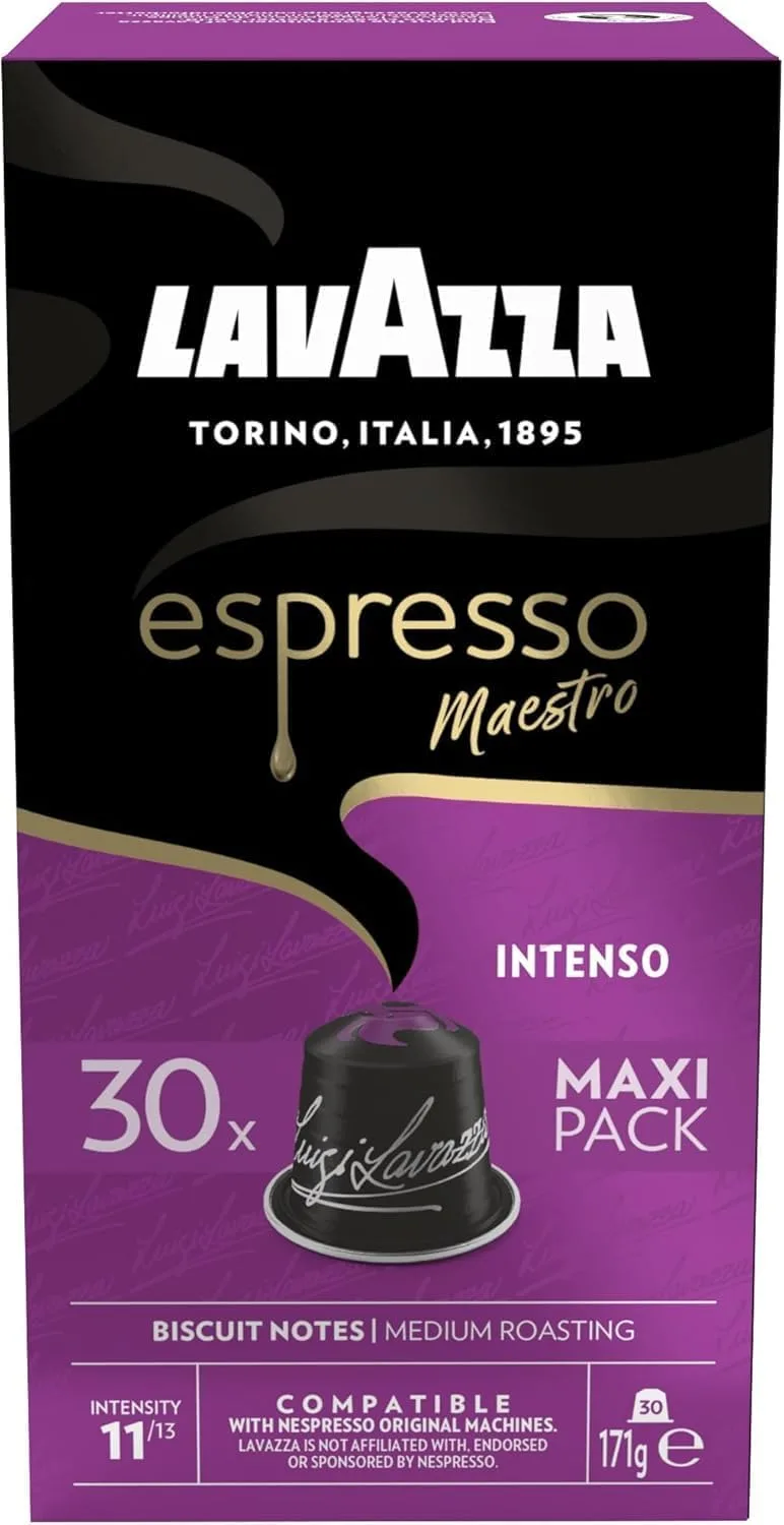 Lavazza ▫️ Espresso Maestro Intenso, 30 cápsulas de alumínio compatíveis com Nespresso, notas de madeira, especiarias e cacau, Arábica e Robusta, intensidade 11/13, nível médio de torra