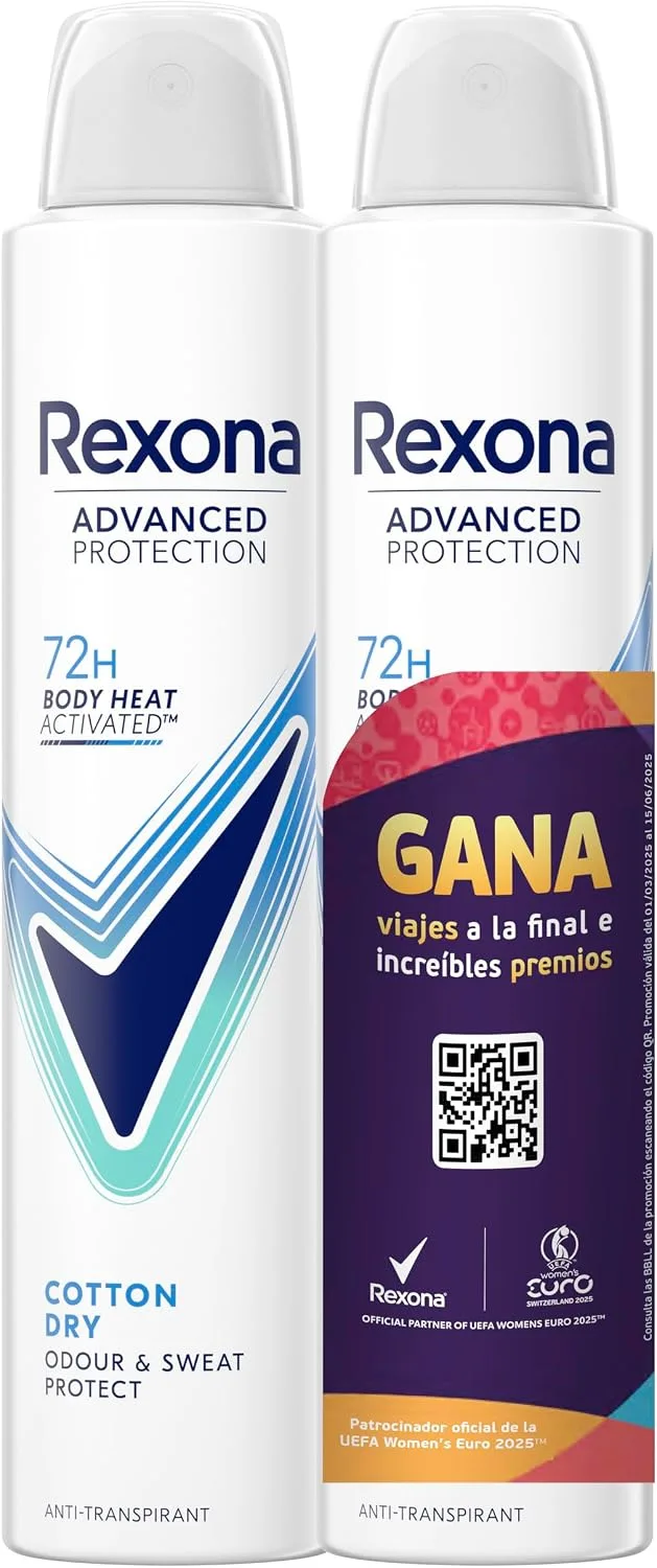 Rexona ▫️ Desodorizante em aerossol Advance Protection Cotton Dry 72h para mulher, 2x200 ml