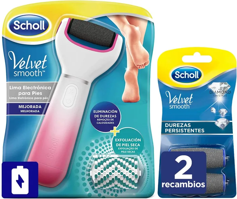 Scholl ▫️ Lima de dureza eléctrica Velvet Smooth Rosa + 2 recargas para durezas difíceis