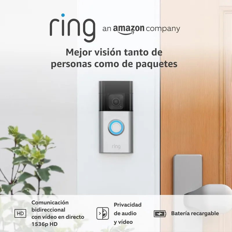Ring ▫️ Campainha de vídeo Plus com bateria (última geração) | Campainha de vídeo com bateria Plus | Campainha de vídeo sem fios com câmara HD 1536p, bateria recarregável | Fácil auto-instalação (5 min.)