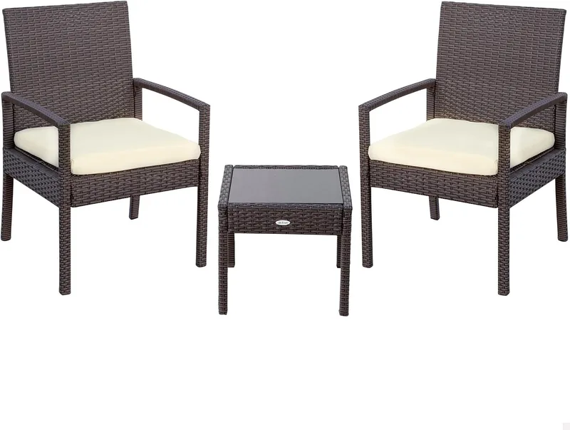 AKTIVE ▫️ 61068 - Conjunto de mobiliário de jardim e terraço em rattan, Mobiliário de exterior para terraço, inclui 2 cadeirões de jardim com almofadas acolchoadas e 1 mesa de terraço, Conjunto de jardim para exterior, Escuro