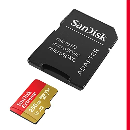 SANDISK ▫️ Cartão Micro SDXC Extreme de 256 GB + adaptador SD (para smartphones, câmaras de ação, drones) V30, até 190 MB/s, RescuePRO Deluxe, A2 C10 U3 UHS-I 2