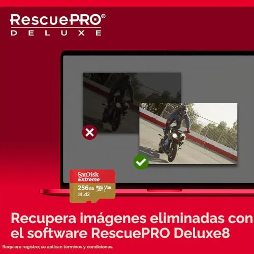 SANDISK ▫️ Cartão Micro SDXC Extreme de 256 GB + adaptador SD (para smartphones, câmaras de ação, drones) V30, até 190 MB/s, RescuePRO Deluxe, A2 C10 U3 UHS-I 6