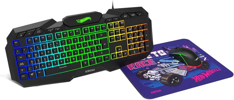 KROM ▫️ Kit teclado, rato e tapete de rato Edição Hot Wheels KUSTOM- Teclado de membrana RGB, rato com sensor ótico de 7200 DPI, tapete de rato em tecido macio e resistente, layout espanhol, cor preta