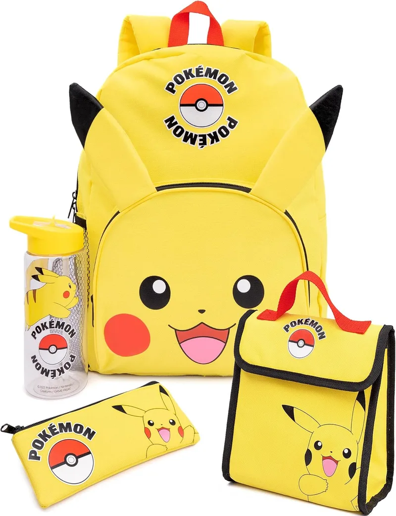 Pokémon ▫️ Conjunto de Mochila Pikachu para Crianças com 4 Peças: Conjunto de Almoço e Garrafas de Água
