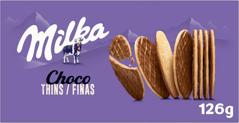 Milka ▫️ Bolachas Choco Finas com Chocolate de Leite, 126 g | Bolachas finas com chocolate de leite dos Alpes, para saborear a qualquer hora do dia
