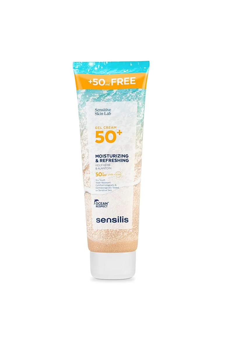 Sensilis - Creme Gel SPF50+, Refrescante e Hidratante Fluido Fotoprotector com Erva Santa e Vitamina E, Proteção UVB e UVA, para todos os tipos de pele, Respeito pelo Oceano - 250 ml