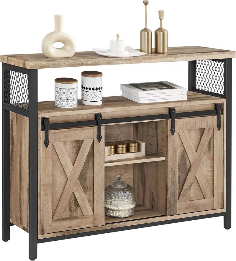 VASAGLE ▫️ Aparador, armário de cozinha, armário de arrumação, com 2 portas de correr, 33 x 100 x 80 cm, prateleiras ajustáveis, para sala de estar, castanho camel e tinta preta LSC092B50