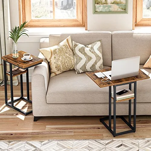 HOOBRO ▫️ Mesa auxiliar dobrável em forma de C, mesa de café de estilo industrial com prateleira de arrumação para sala de estar, quarto, castanho vintage EBF29SF01 2
