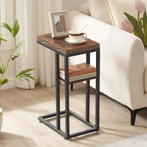 HOOBRO ▫️ Mesa auxiliar dobrável em forma de C, mesa de café de estilo industrial com prateleira de arrumação para sala de estar, quarto, castanho vintage EBF29SF01 4