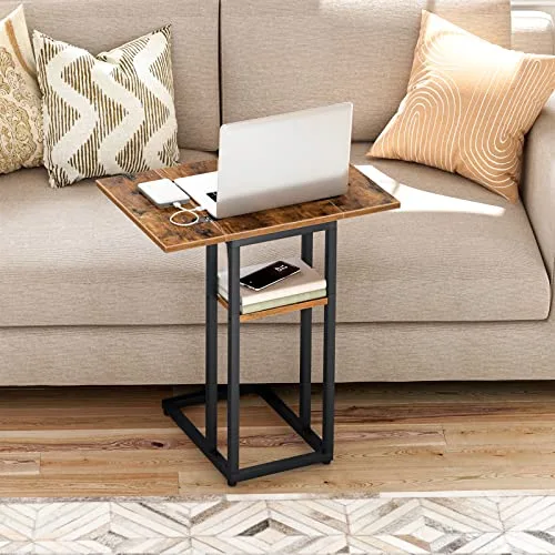 HOOBRO ▫️ Mesa auxiliar dobrável em forma de C, mesa de café de estilo industrial com prateleira de arrumação para sala de estar, quarto, castanho vintage EBF29SF01 5