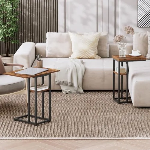 HOOBRO ▫️ Mesa auxiliar dobrável em forma de C, mesa de café de estilo industrial com prateleira de arrumação para sala de estar, quarto, castanho vintage EBF29SF01 6