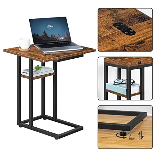 HOOBRO ▫️ Mesa auxiliar dobrável em forma de C, mesa de café de estilo industrial com prateleira de arrumação para sala de estar, quarto, castanho vintage EBF29SF01 7