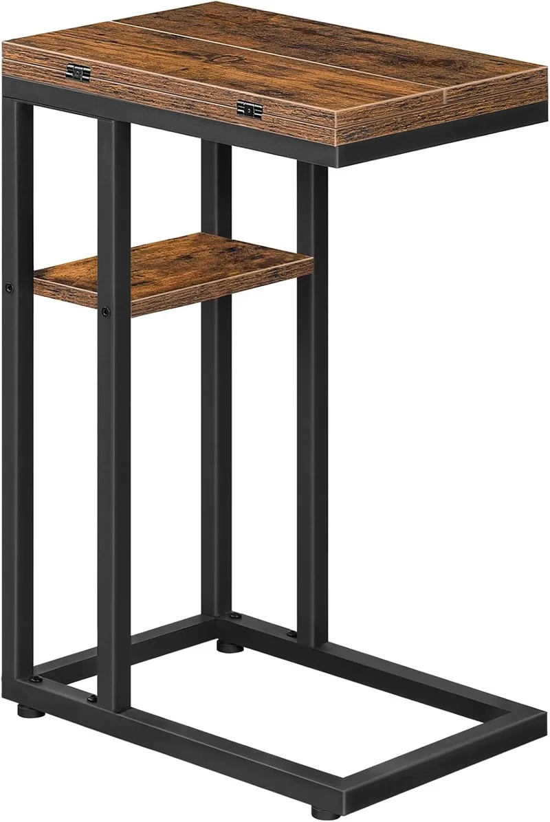HOOBRO ▫️ Mesa auxiliar dobrável em forma de C, mesa de café de estilo industrial com prateleira de arrumação para sala de estar, quarto, castanho vintage EBF29SF01