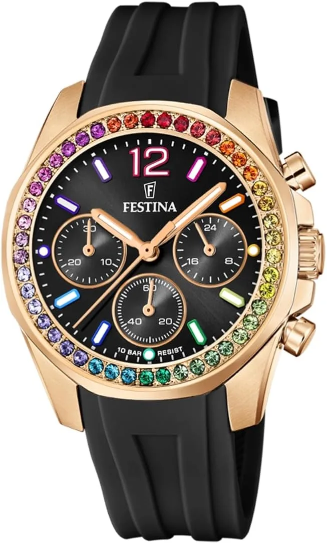 Relógio Analógico de Borracha Festina para Mulher - Movimento de Quartzo Cronógrafo - Cristal Mineral de Alta Resistência - Resistente à Água 10 ATM F20611/3 - Coleção Boyfriend