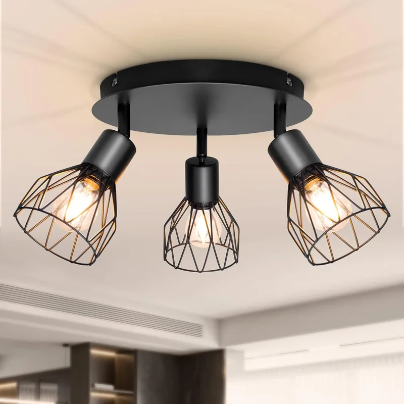 Dehobo ▫️ Candeeiro de teto com 3 focos LED, focos de teto ajustáveis e giratórios, candeeiro industrial retro de parede E14 para interiores (quarto, cozinha), sem lâmpada E14, máx. 40 W (cada lâmpada)