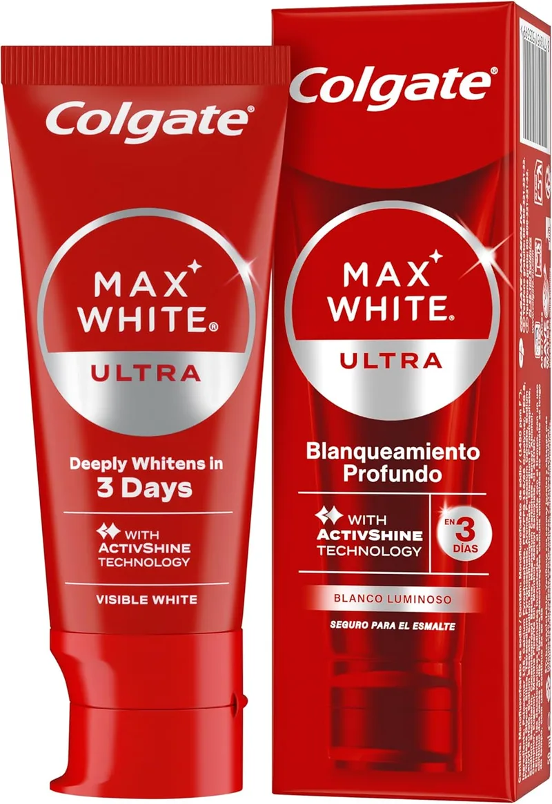 Colgate ▫️ Max White Pasta de dentes branqueadora em espuma ultra-ativa com flúor, 50 ml, pasta de dentes branqueadora segura para o esmalte, remove manchas profundas*.
