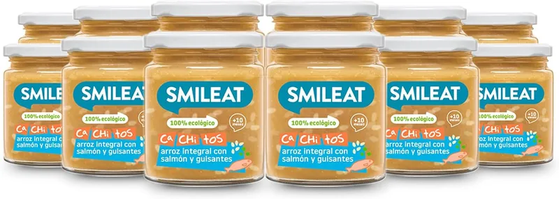 Smileat ▫️ Cachitos de Arroz Integral, Salmão e Ervilhas, Embalagem de 12 x 220 g